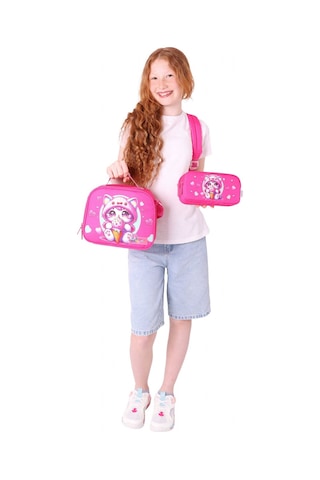 Kaukko Kids Dört Bölmeli Okul Çantası + Beslenme +kalemlik Seti Dondurma Yiyen Kedi - Kız Çocuk - Pembe Pembe