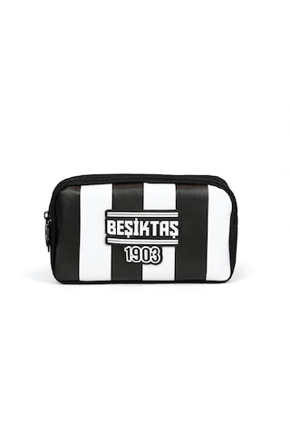 Beşiktaş Lisanslı Çift Bölmeli Çubuklu Desen Kalemlik - Rubber Logolu Su İtici Kumaşlı Kalem Kutusu Siyah - Beyaz