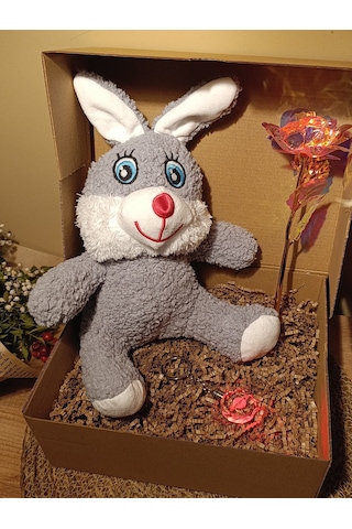 Kutulu Hediye Seti / Peluş Tavşan 30cm - Renk Değiştiren Işıklı Anahtarlık - Sonsuzluk Gülü