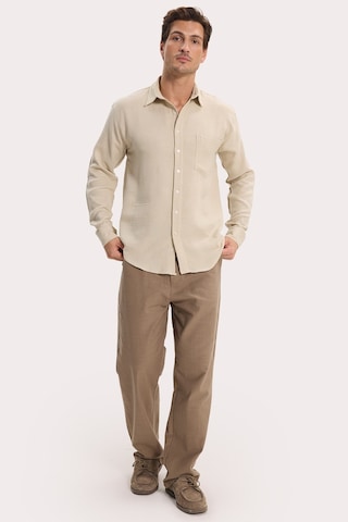 Tudors Erkek Relax Fit Rahat Kesim Oversize Müslin Viskon Pamuklu Tek Cepli Düz Bej Gömlek-42674