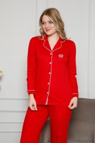 Kadın Alimer Beyaz Biyeli Gömlek Yaka Önden Düğmeli Cepli Uzun Kollu Mevsimlik Pamuk Likra Pijama Takım Kırmızı