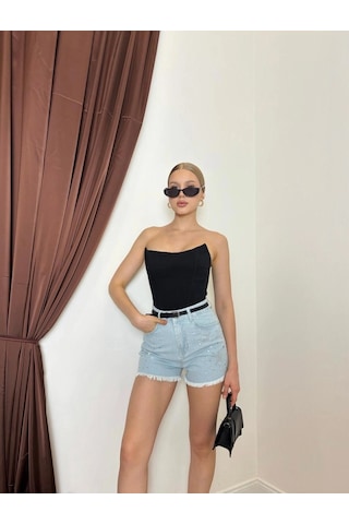 Elora Atelier Taş Detaylı Açık Mavi Denim Şort Çok Renkli