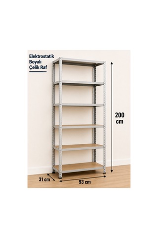 6 Katlı Çelik Elektrostatik Raf Sistemi, Depo, Arşiv, Kiler, Dosya, Market, Ayakkabı, Çiçek, Rafı Boyut: 31x93x200 Cm Kalınlık: 0,70 Mm Gri
