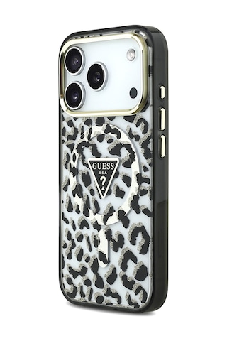 Apple iPhone Uyumlu 18 Pro Kılıf Guess Lisanslı M-safeli Üçgen Logolu Simli Leopar Desenli Kapak Siyah