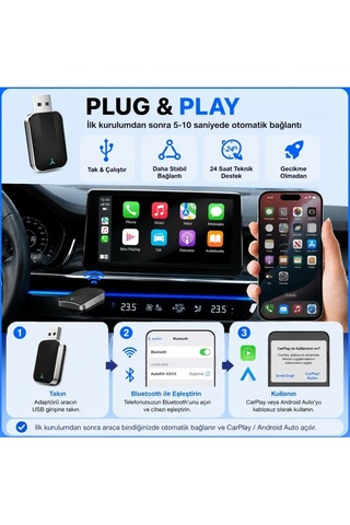 Kenly Kablosuz Apple Carplay Adaptörü 2'si 1 Arada Wireless Usb Type-c Otg Dönüştürücü
