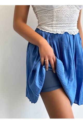 Kadın Modal Dokulu Piliseli Şortlu Mini Etek Mavi