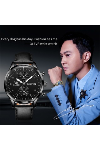 Olevs 2880 Erkekler Çok Fonksiyonlu İş Su Geçirmez Deri Kayış Kuvars İzle Siyah