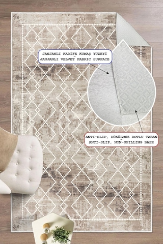 Kilim Desen Dekoratif Kaymaz Taban Yıkanabilir Dijital Baskılı Salon Halısı Kahverengi