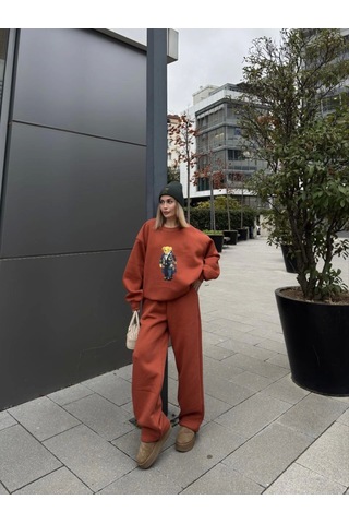 Reka Moda Bisiklet Yaka Üç İplik Sweat Takım - Kiremit Kiremit