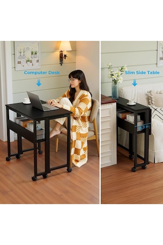Sidney Kitaplık Raflı Katlanır Masa 70cm Tekerli Bilgisayar Masası Laptop Masası Siyah Siyah
