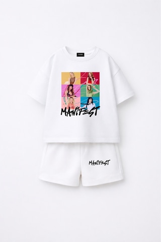 Fasardi Manifest Girls M6nifestgirls Baskılı Oversize Pamuk Tişört Şort 2'li Çocuk Takım Beyaz