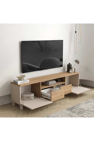 Robin Home Urban Tv Ünitesi Sehpası 2 Kapaklı 2 Çekmeceli Ahşap Ayaklı 180cm Kumsal-sepet Bej