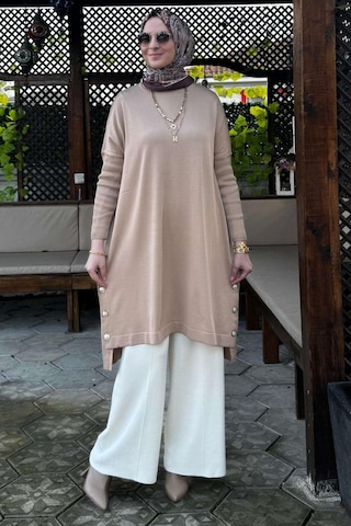 Rabia Şamlı Sevda Triko Tunik Bej Çok Renkli