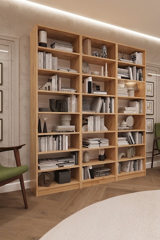 Asra Trend K-21 %100 MDF 180 cm 3 Modüllü Kitaplık 21 Raflı Dev Kütüphane Safir Meşe