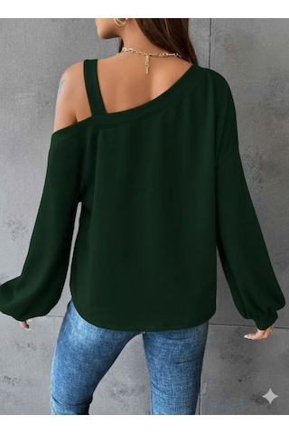 Alyn Wear Kadın Uzun Kollu Tek Omuz Askı Detay Salaş Viskon Iki Iplik Bluz Zümrüt