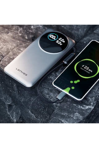 Lenyes Px2004d Dijital Led Ekranlı Lightning Kablolu Powerbank 22.5w 20.000mah Gümüş