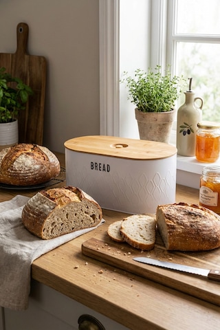 Makri Home Ekmeklik, Metal Ekmek Kutusu, Bambu Kapaklı Beyaz Ekmek Sepeti, 34 X 19 X 16 Cm Beyaz