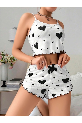 Jhena Siyah Kalp Desenli Pileli Atletli Ve Şortlu Kadın Penye Gecelik, Kadın Seksi Ev Giyim Pijama Ekru K.Puantıye