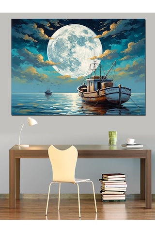 Ahşap Tablo Gece Denizde Ay Ve Tekne İnsan Figürlü Tablolar