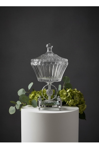 Çnr Home Collection Ultra Lüx Kristal Kapakli Şekerlik Gold Detayli Büyük Kase Gümüş