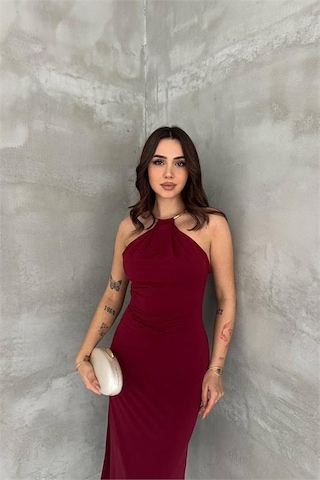 Neşeli Butik Kadın Bordo Sırt Dekolteli Metal Yaka Midi Elbise Nbk4543 Bordo