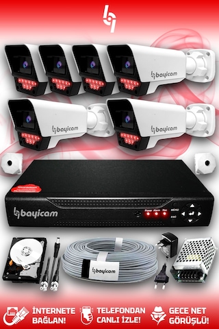 Bayicam 6 Kameralı Süper 6 Dış Kamera Set 320 GB 5 MP 2K Net Gece Görüşlü Güvenlik Kamerası Sistemi