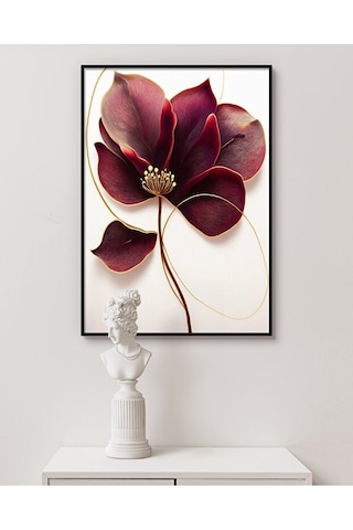 Tablo Ahşap Çerçeveli Tablo Çerçeveli Poster Bordo Altın Çizgili Çiçek Temalı Tablo