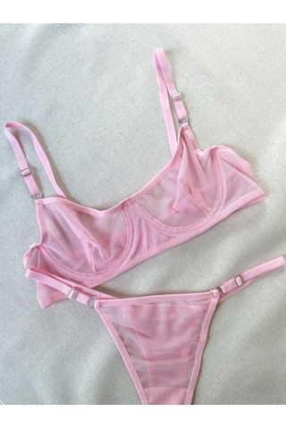 La Linaa Pembe Tül Tanga Külotlu Sütyen Takım Açık Pembe