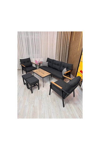 Houseart Balkon, Bahçe - Metal Kanepe Koltuk Takımı 3+1+1 + 2 Adet Puf + Sehpa Antrasit