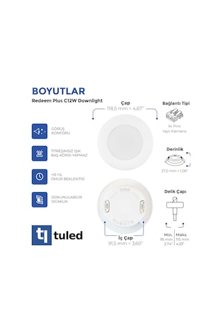 Redeem Plus C12W Downlight, Titreşimsiz, Göz Konforu, 872 Lümen, Soğuk Beyaz, 6500 Kelvin Beyaz