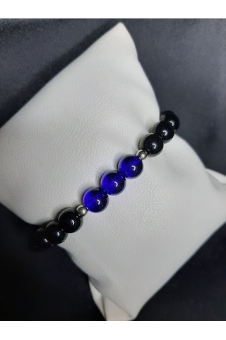 Mryart Doğal Görünümlü Siyah & Lacivert Cam Boncuklu El Yapımı Bileklik - Unisex Siyah - Mavi