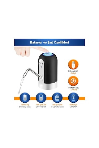 4 W Şarjlı Otomatik Damacana Su Pompası 1200 Mah Bataryalı, Bpa İçermez, Ce Belgeli Su Dispenseri Siyah