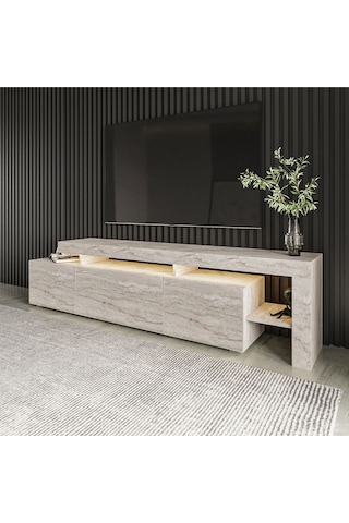 Beliz Modern LED Işıklı 3 Kapaklı, Raflı TV Sehpası – 192 cm, Traverten