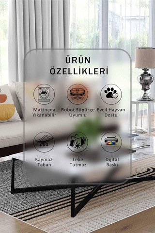 Bej Halı 1510 - Yıkanabilir, Kaymaz Taban, Dijital Baskılı, Leke Tutmaz, İnce Hav, Modern Salon, Oturma Odası, Yat Çok Renkli