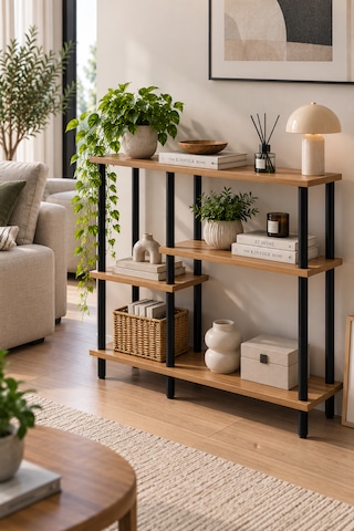 Modern 4 Raflı Kitaplık Salon Düzenleyici Metal Ayaklı Dekoratif Kitaplık Ve Çok Amaçlı Raf Ünitesi Çam