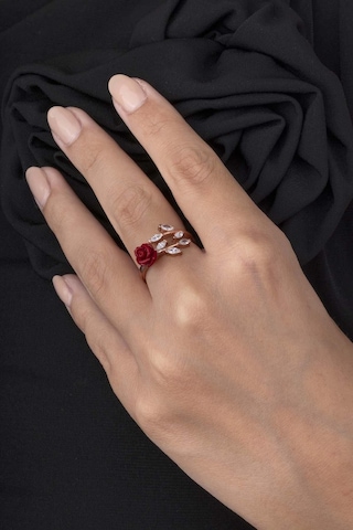 Gümüş Pazarım Yaprak Geçişli Kırmızı Gül 925 Ayar Gümüş Kadın Yüzük Altın - Gümüş