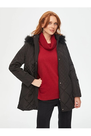 Faik Sönmez Kürk Kapüşonlu Kapitone Kadın Kaban B00041 Siyah