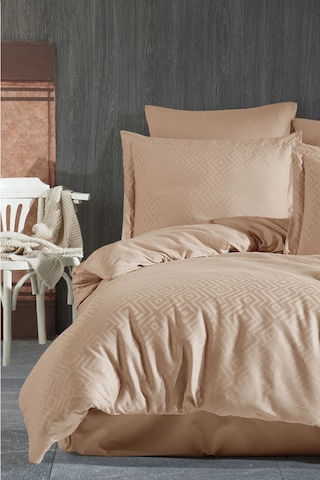 Jakarlı & Saten Çift Kişilik Nevresim Takımı-6 Parça & Geometrik Desen -200x220cm-metis Kapuçino Cappuccino