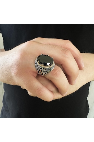 925 Ayar Gümüş Siyah Zirkon Taşlı Mineli Erkek Yüzük Gümüş