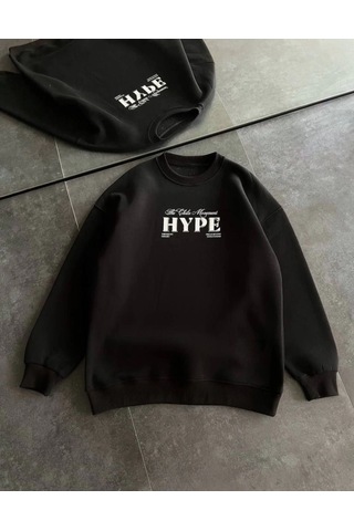 Mbb E-ticaret Kadın 3 İplik Pamuklu Bisiklet Yaka Baskılı Sweatshirt - Siyah