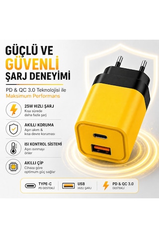 25w Hızlı Şarj Adaptörü + Type-c To Type-c Kablo Seti Pd & Qc 3.0 Destekli Usb + Type-c Çift Giriş Akıllı Koruma Hızlı Şarj Aleti Sarı