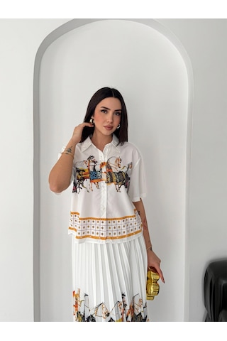 Asprinfashion Plise Etekli Baskılı Bayan Gömlek Etek Takım Beyaz