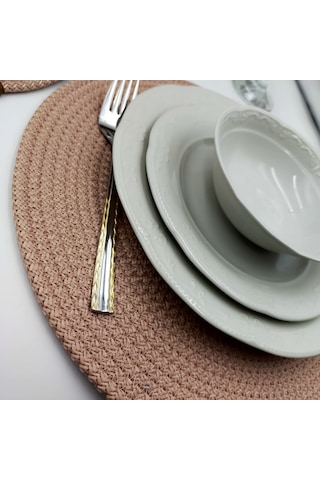 6 Kişilik Pudra Rengi Amerikan Servis, Hasır Supla Takımı Pudra