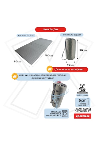 Xpermate Gezginmat Kamp Yatağı Taşıma Çantalı Kamp Matı 90x190x6 Gri