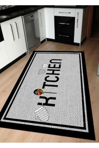 Kitchen Yazılı Gri, Kaymaz, Pamuk Dokuma Mutfak Halısı