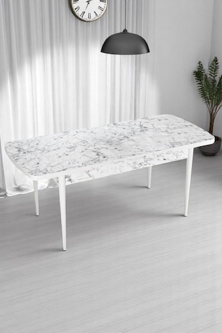 Mia Serisi Açılabilir Mutfak Masası Takımı Beyaz Mermer Desen Masa 6 Sandalye, Yemek Masası Lacivert