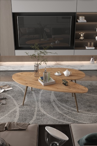 Orta Sehpa Seti Modern 2 Li Ahşap Ayaklı Salon Oturma Odası Dekoratif Sehpa Takımı 8888 Ceviz Efes Kahverengi