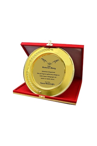 Kişiye Özel Baskılı Kırmızı - Lacivert Kutu 25 Cm Tabak Plaket 30,5x30,5x5,5 Cm Gümüş - Gold