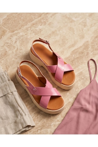 Futsishoes Jade Pembe Hakiki Deri Çapraz Bantlı Platform Topuklu Bilekten Tokalı Kadın Sandalet