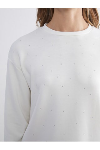 Lcw Comfort Beyaz Bisiklet Yaka Taşlı Kadın Sweatshirt